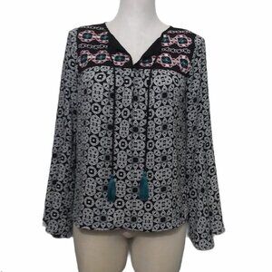 Takara Top Womens Small Peasant Black White Boho Print Embroidered w Tassel Ties